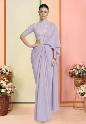 Lavender Self Design Crepe Pre Draped Saree Set