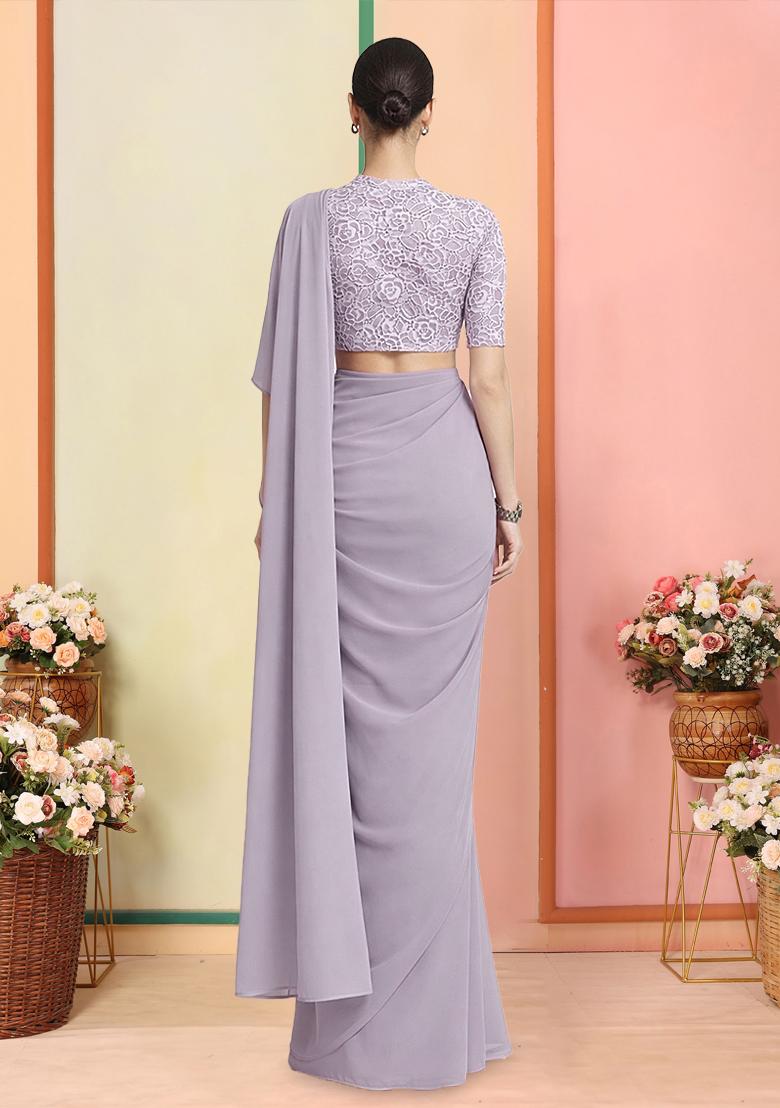Lavender Self Design Crepe Pre Draped Saree Set - Indya