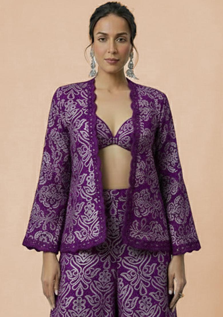 Purple Embroidered Tissue Fusion Set - Indya