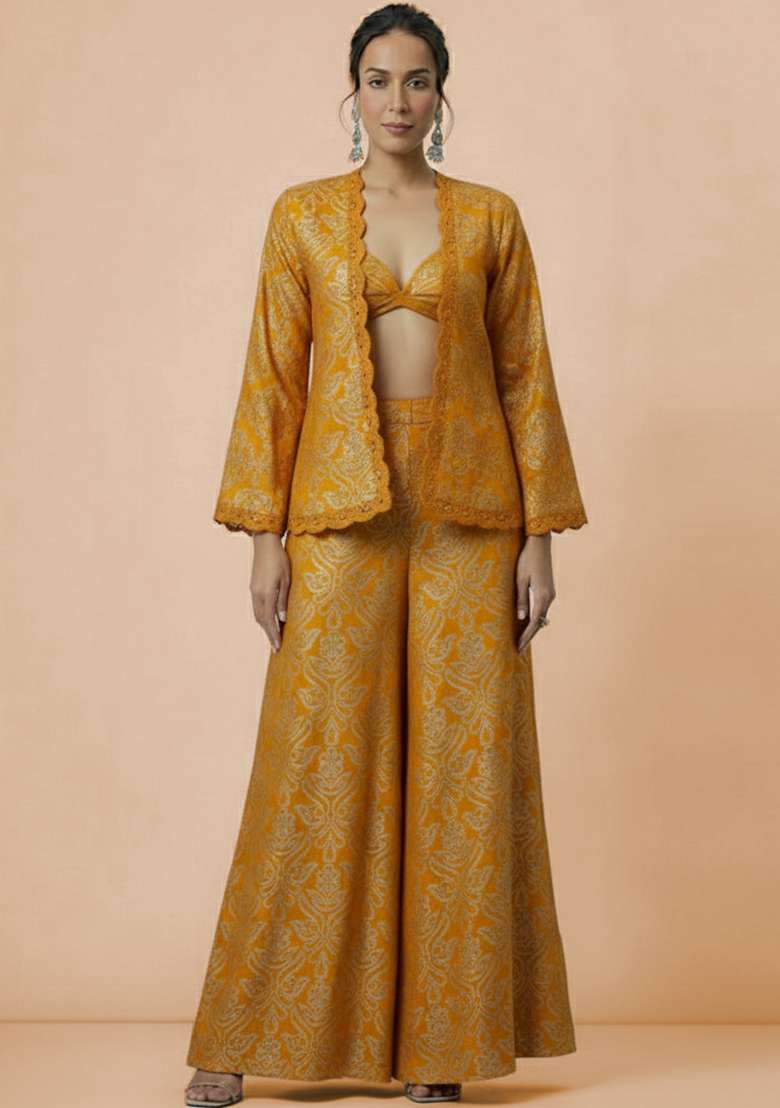 Mustard Embroidered Tissue Fusion Set - Indya