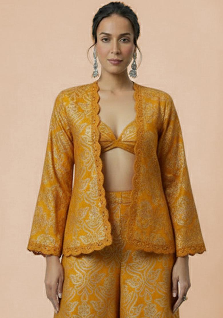 Mustard Embroidered Tissue Fusion Set - Indya