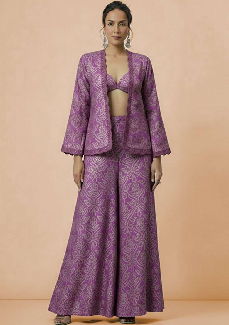 Purple Embroidered Tissue Fusion Set - Indya