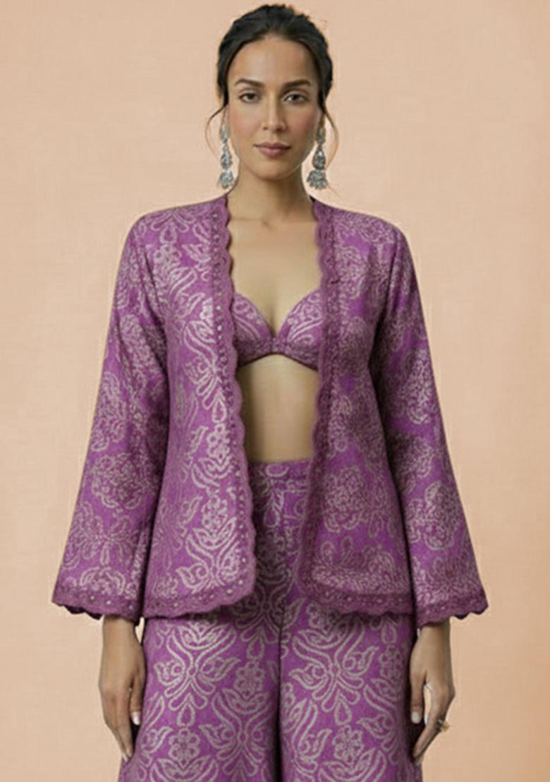 Purple Embroidered Tissue Fusion Set - Indya