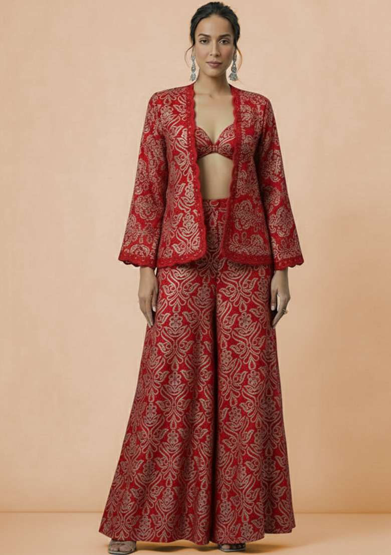 Red Embroidered Tissue Fusion Set - Indya