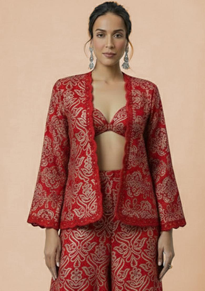 Red Embroidered Tissue Fusion Set - Indya