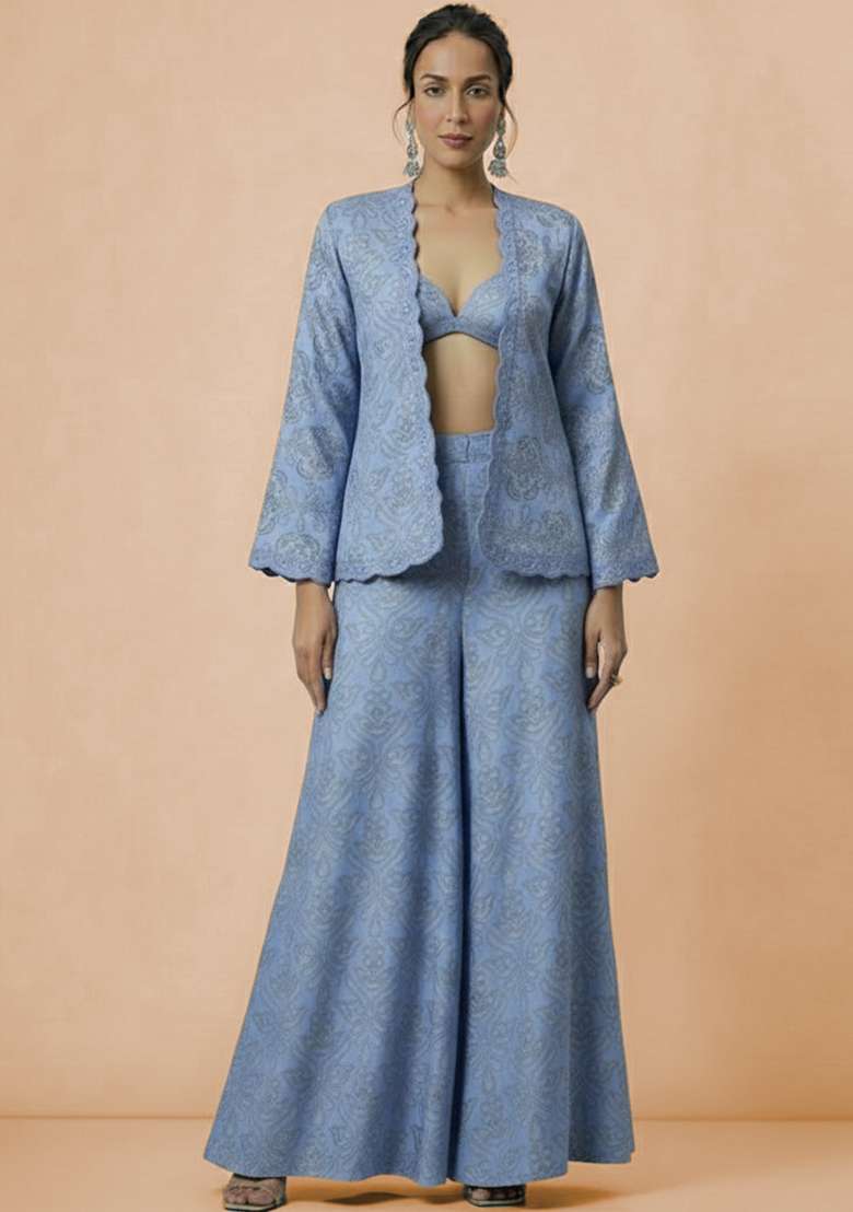 Powder Blue Embroidered Tissue Fusion Set - Indya
