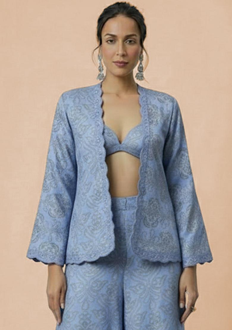 Powder Blue Embroidered Tissue Fusion Set - Indya