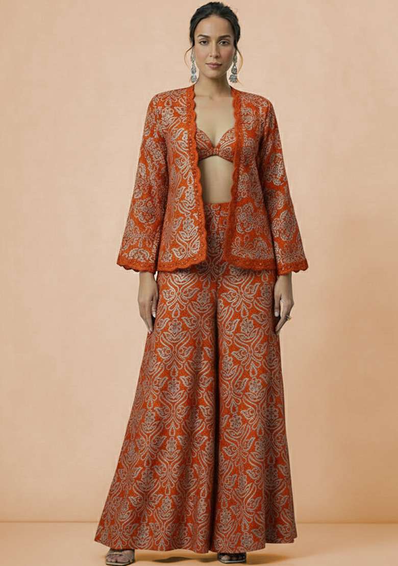 Rust Embroidered Tissue Fusion Set - Indya