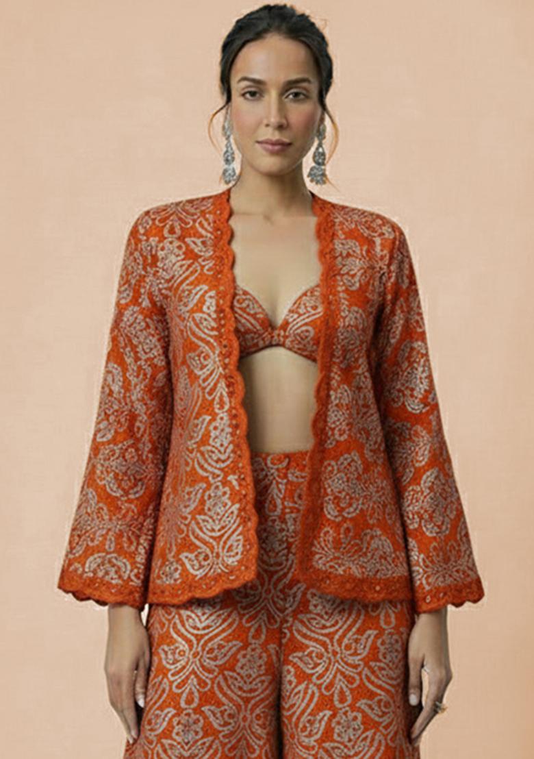 Rust Embroidered Tissue Fusion Set - Indya