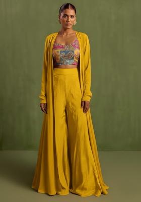 Mustard Embroidered Crepe Fusion Set