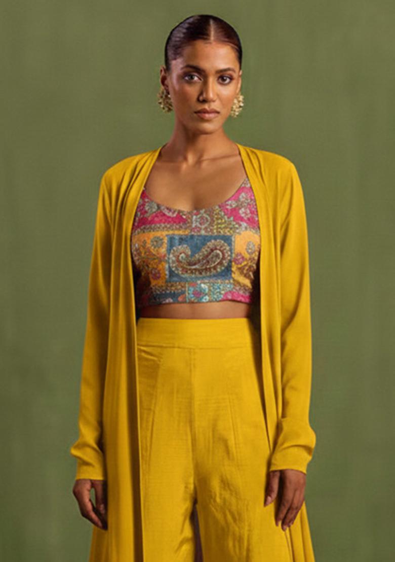 Mustard Embroidered Crepe Fusion Set - Indya