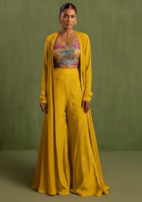 Mustard Embroidered Crepe Fusion Set