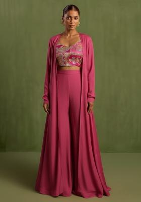 Pink Embroidered Crepe Fusion Set