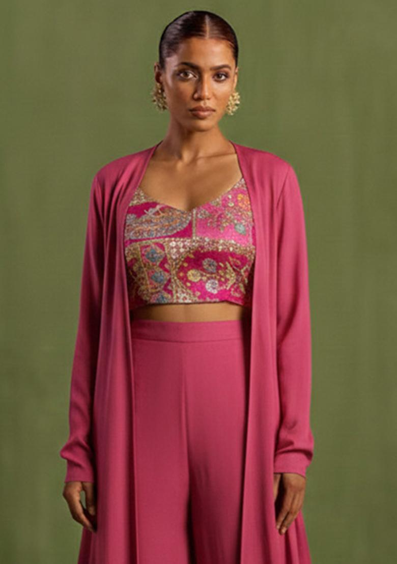 Pink Embroidered Crepe Fusion Set - Indya