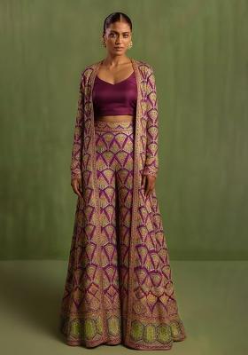 Purple Embroidered Crepe Fusion Set