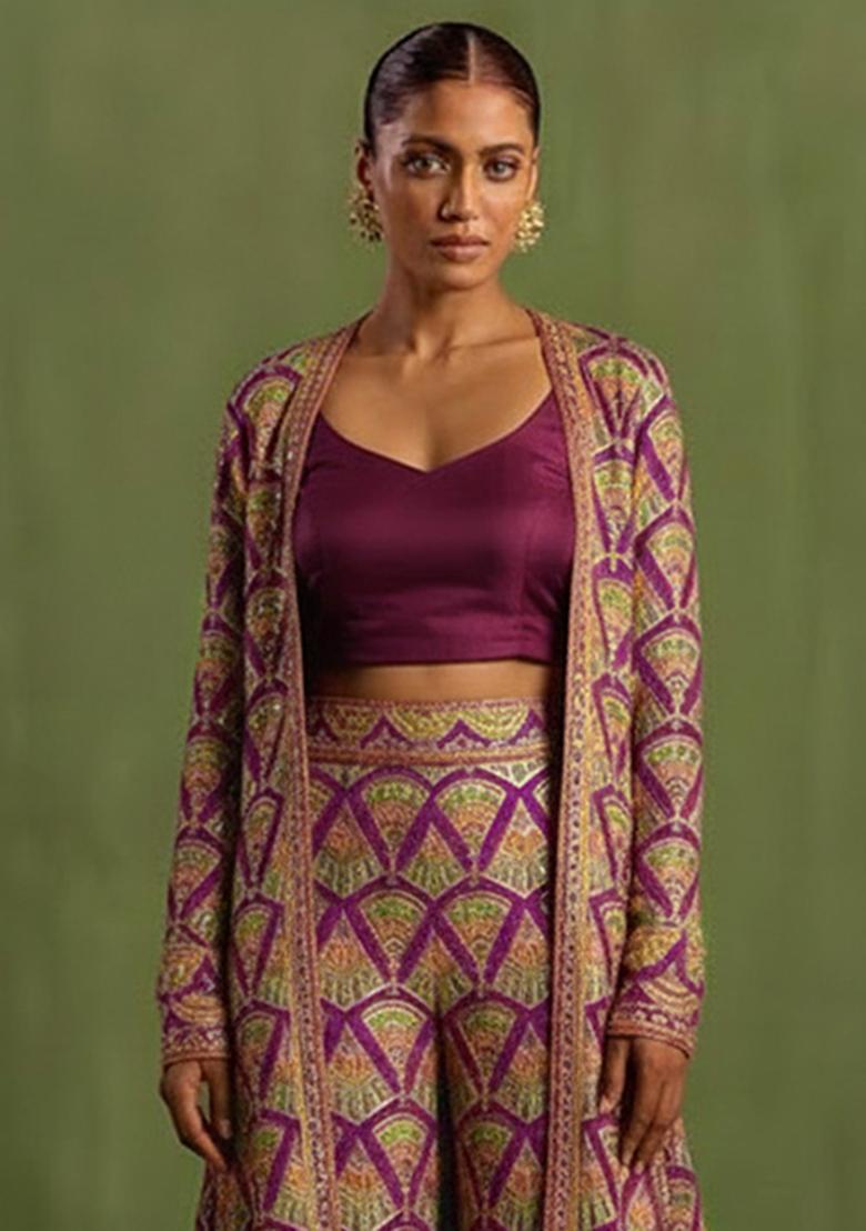 Purple Embroidered Crepe Fusion Set - Indya