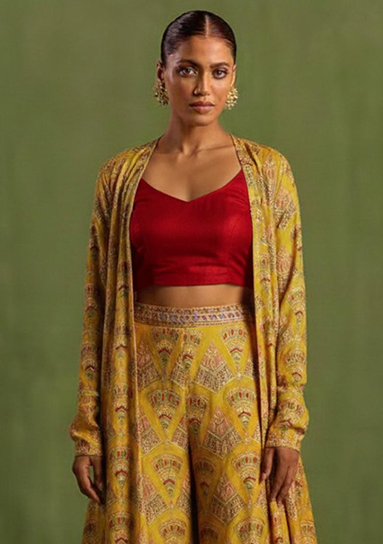 Yellow Embroidered Crepe Fusion Set - Indya