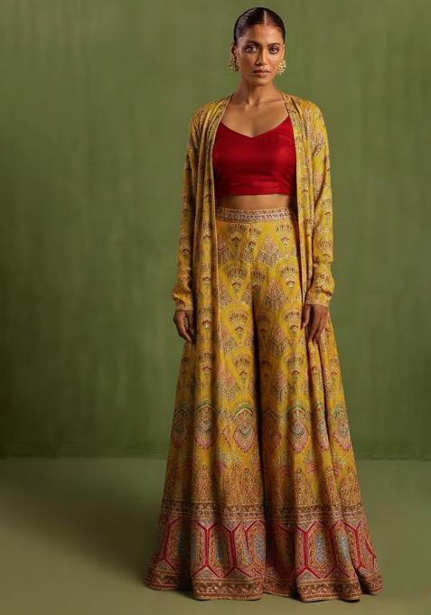 Yellow Embroidered Crepe Fusion Set