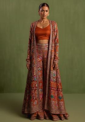 Rust Embroidered Crepe Fusion Set