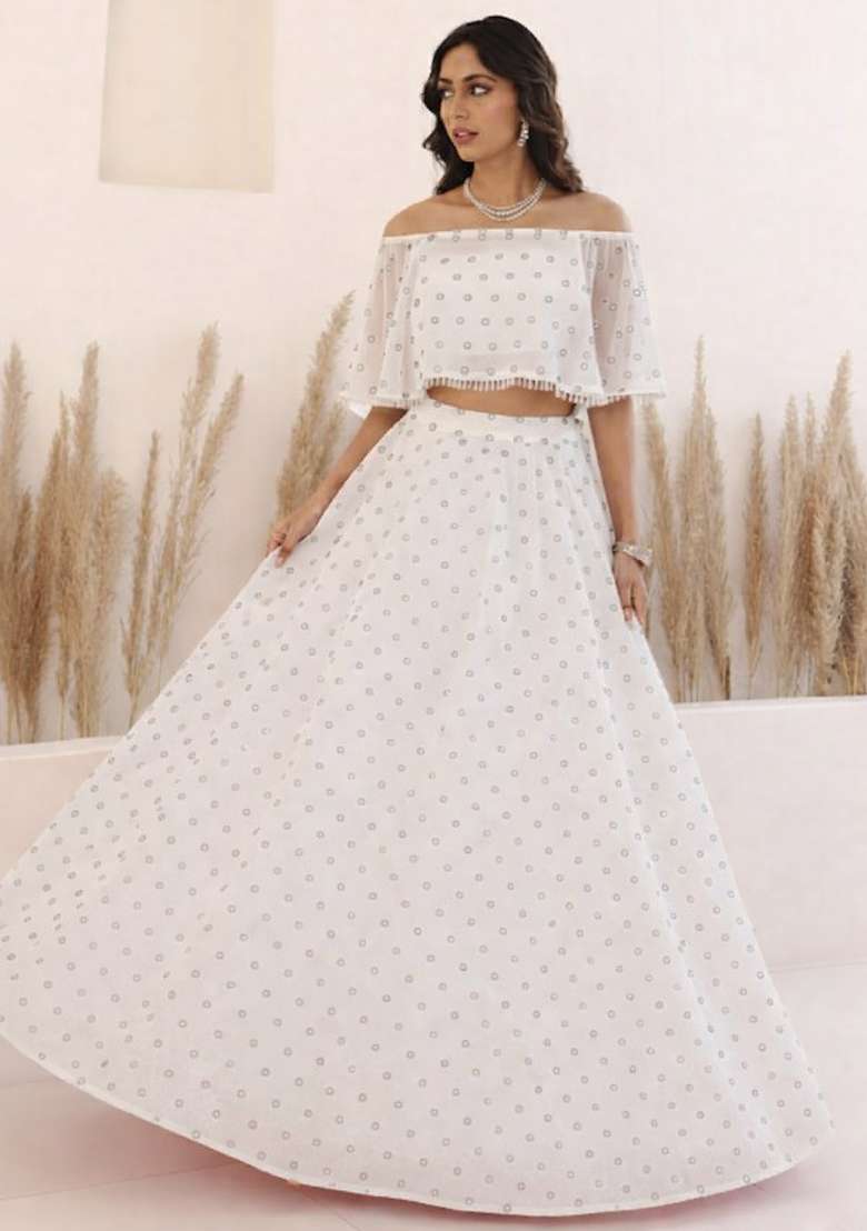 White Embroidered Georgette Lehenga Set - Indya