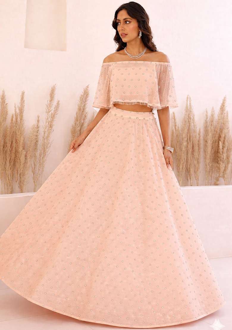 Peach Embroidered Georgette Lehenga Set - Indya