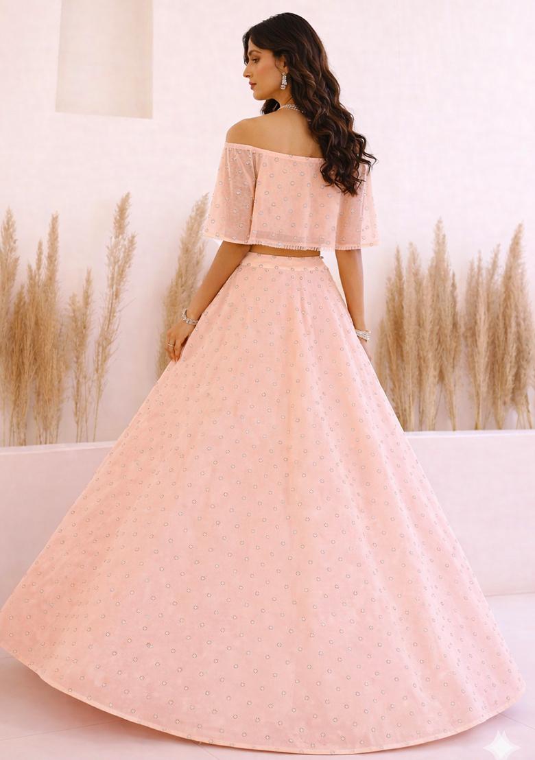 Peach Embroidered Georgette Lehenga Set - Indya