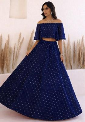 Navy Blue Embroidered Georgette Lehenga Set