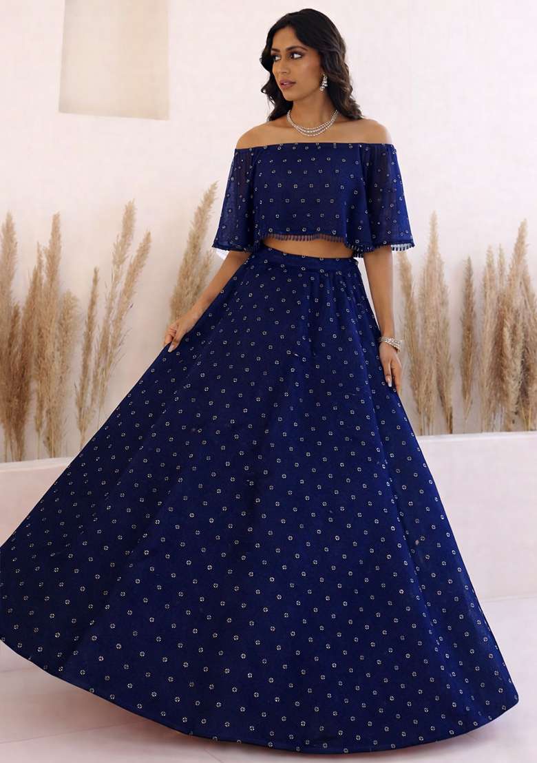 Navy Blue Embroidered Georgette Lehenga Set - Indya