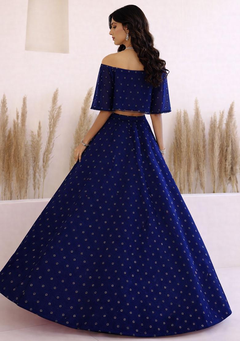 Navy Blue Embroidered Georgette Lehenga Set - Indya