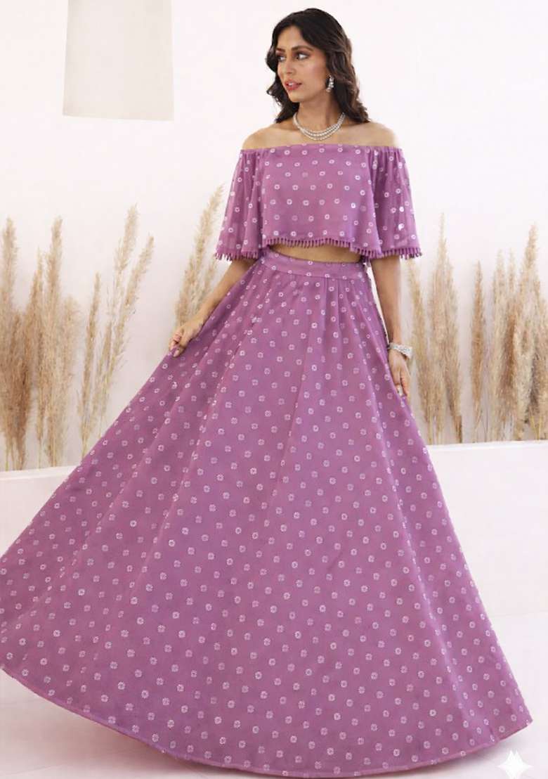 Purple Embroidered Georgette Lehenga Set - Indya