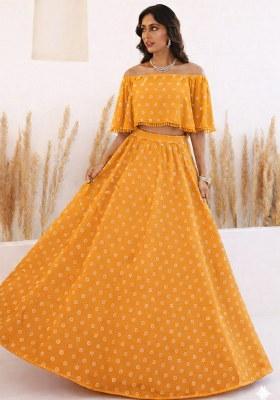 Orange Embroidered Georgette Lehenga Set