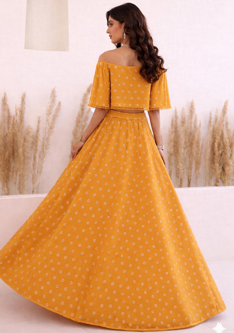 Orange Embroidered Georgette Lehenga Set - Indya
