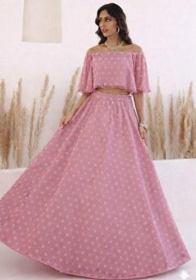 Pink Embroidered Georgette Lehenga Set