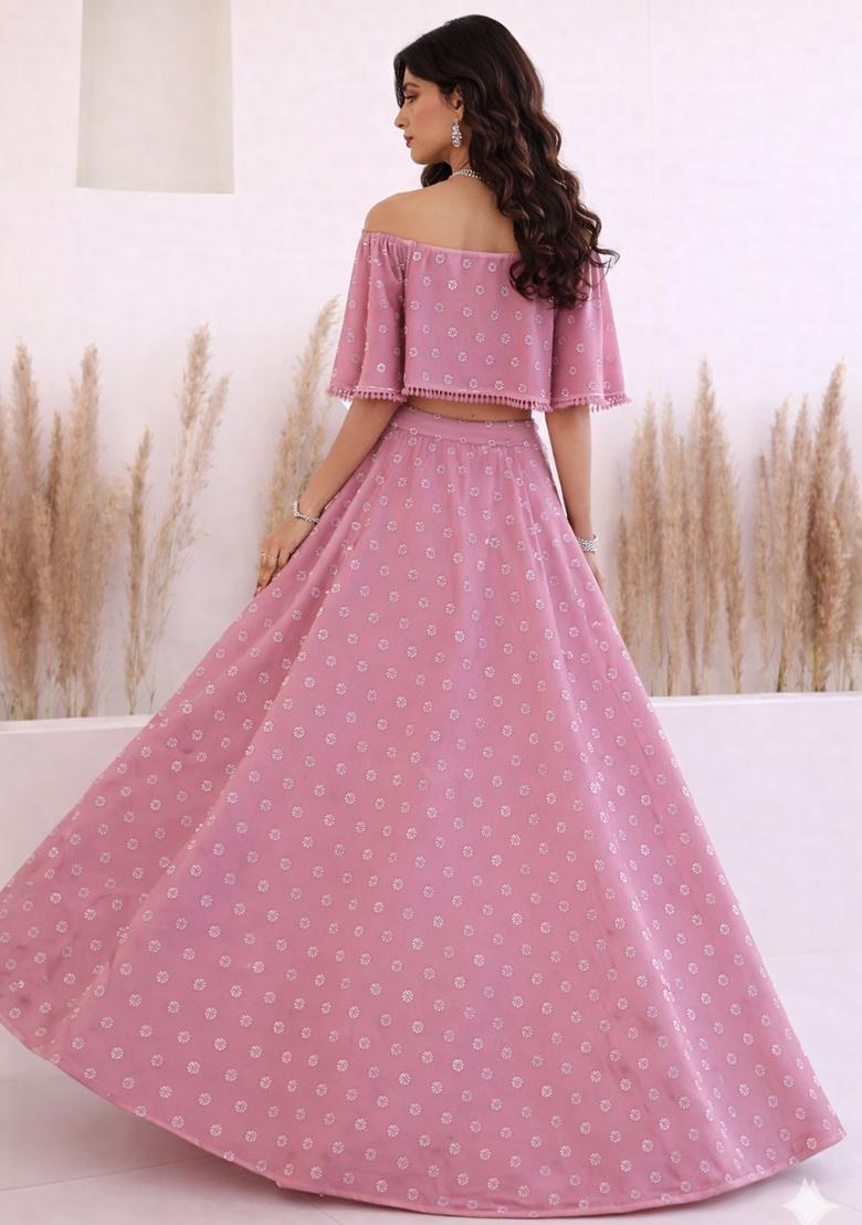 Pink Embroidered Georgette Lehenga Set - Indya