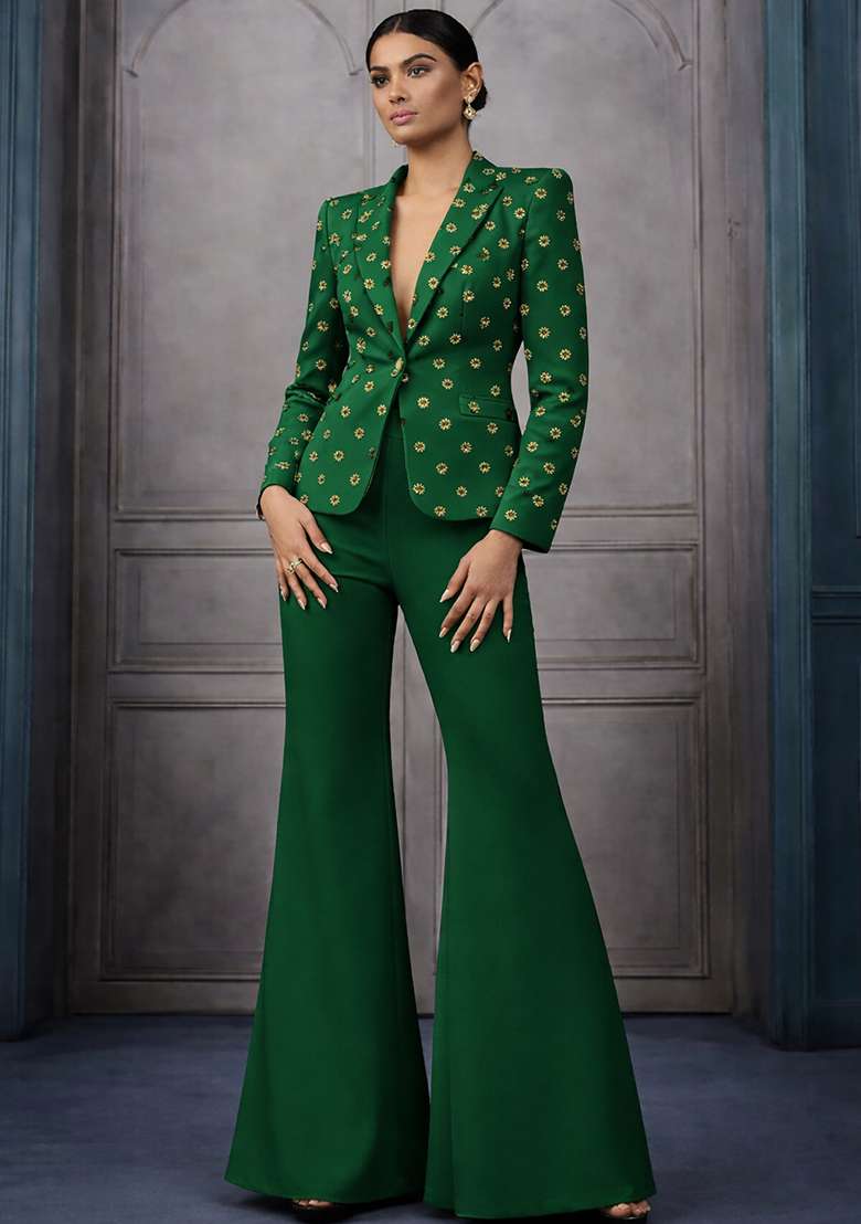 Bottle Green Sequin Shimmer Fusion Set - Indya