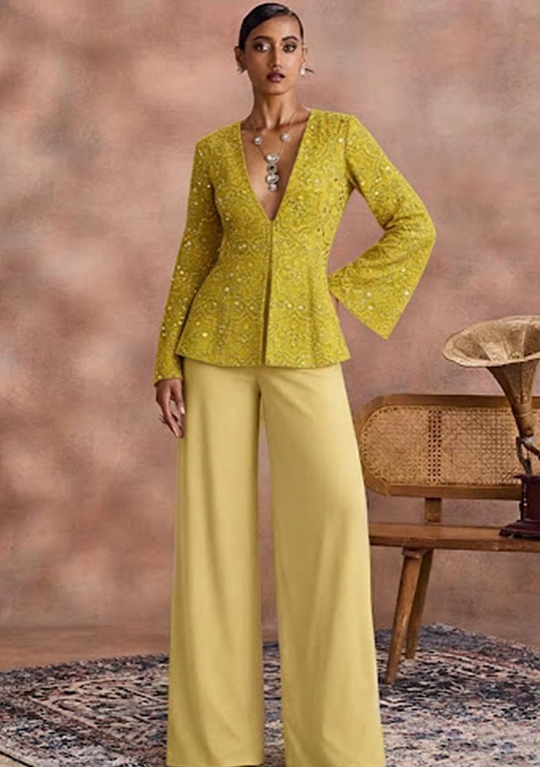 Yellow Sequin Shimmer Fusion Set - Indya