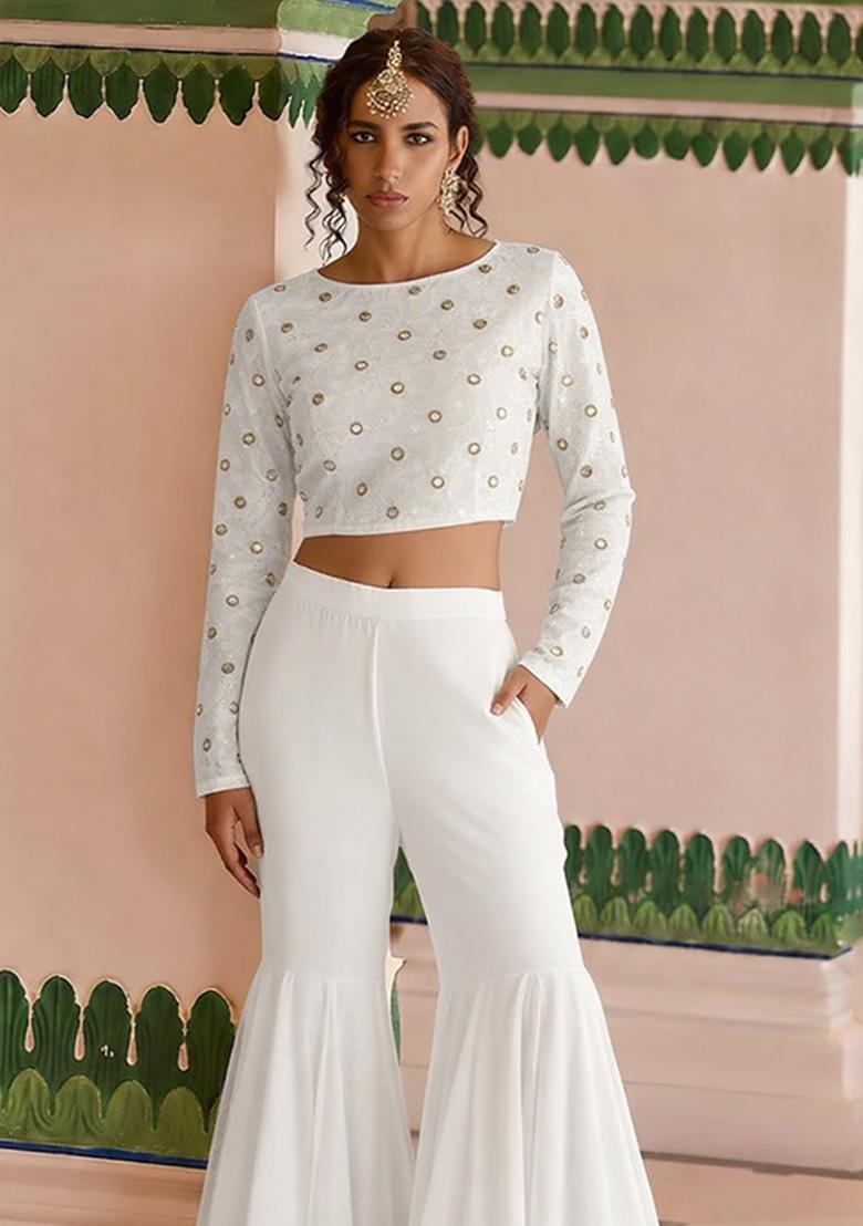 Ivory Embroidered Crepe Fusion Set - Indya