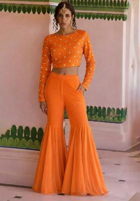 Orange Embroidered Crepe Fusion Set