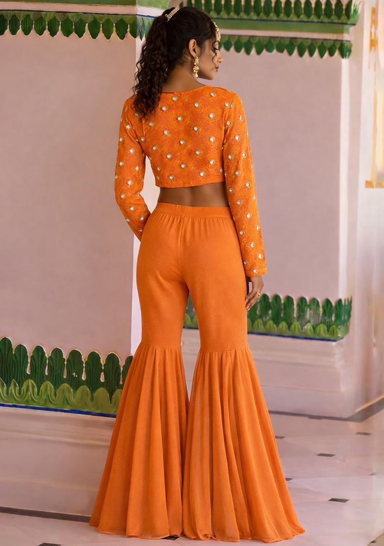 Orange Embroidered Crepe Fusion Set - Indya
