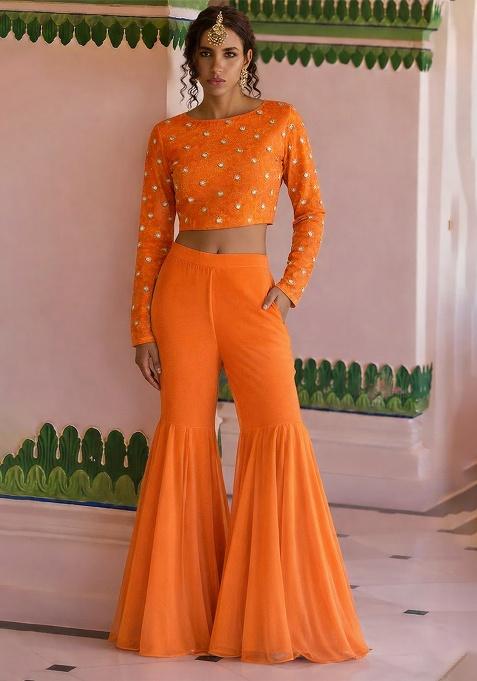 Orange Embroidered Crepe Fusion Set
