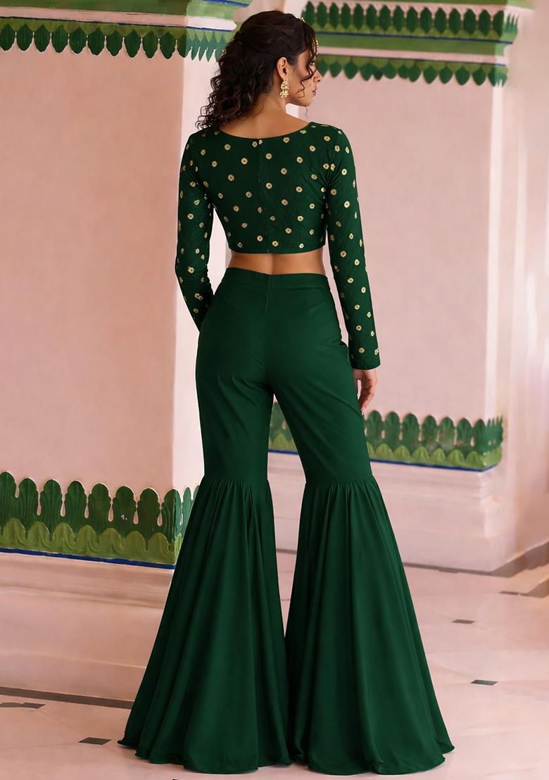 Dark Green Embroidered Crepe Fusion Set - Indya