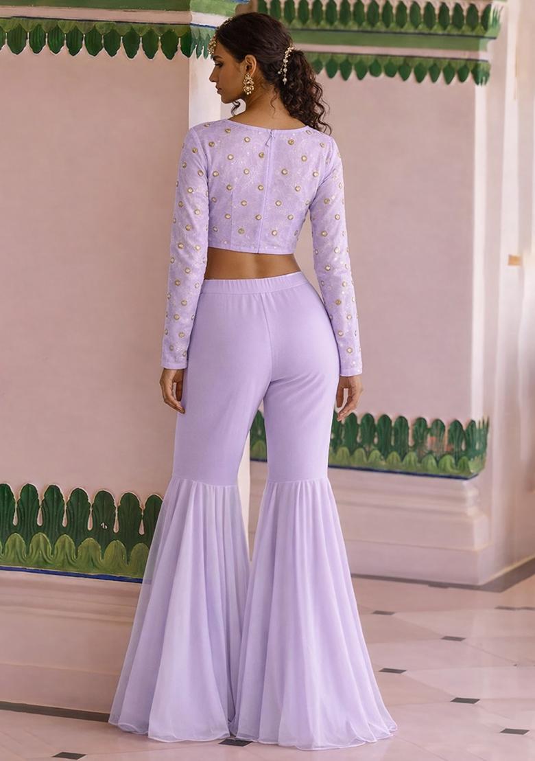 Lavender Embroidered Crepe Fusion Set - Indya