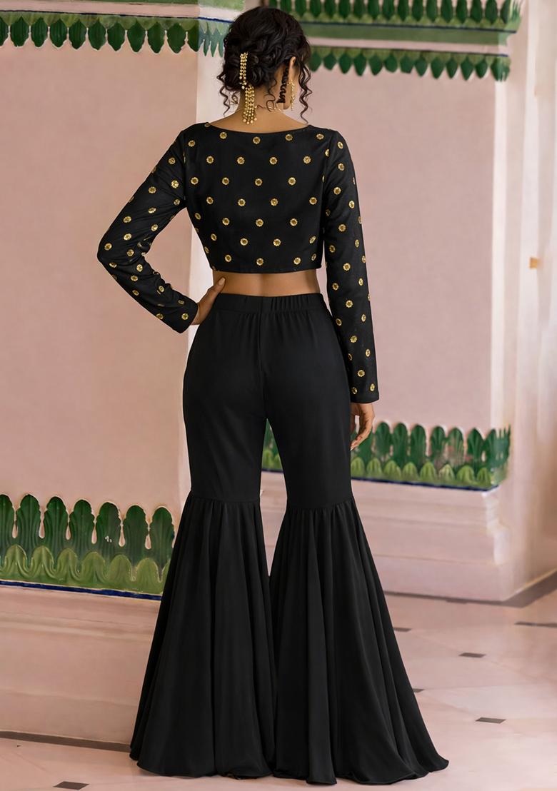 Black Embroidered Crepe Fusion Set - Indya