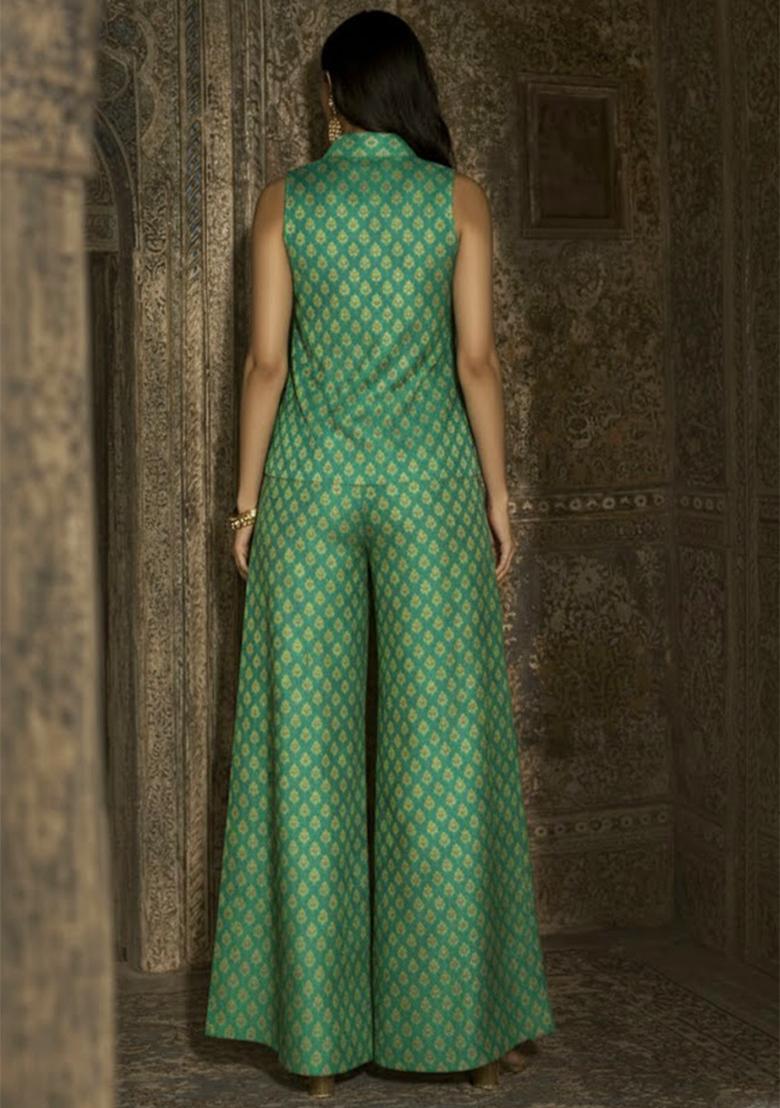 Emerald Green Brocade Fusion Set - Indya