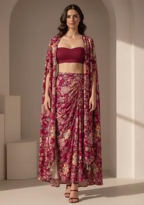 Deep Wine Floral Print Crepe Fusion Set