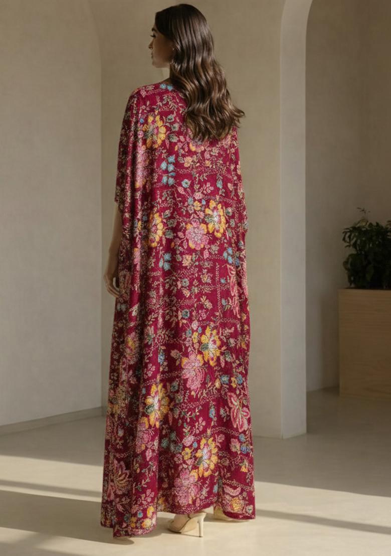 Deep Wine Floral Print Crepe Fusion Set - Indya