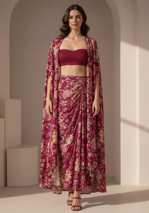 Deep Wine Floral Print Crepe Fusion Set