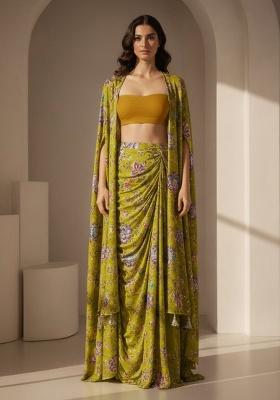 Lime Green Floral Print Crepe Fusion Set