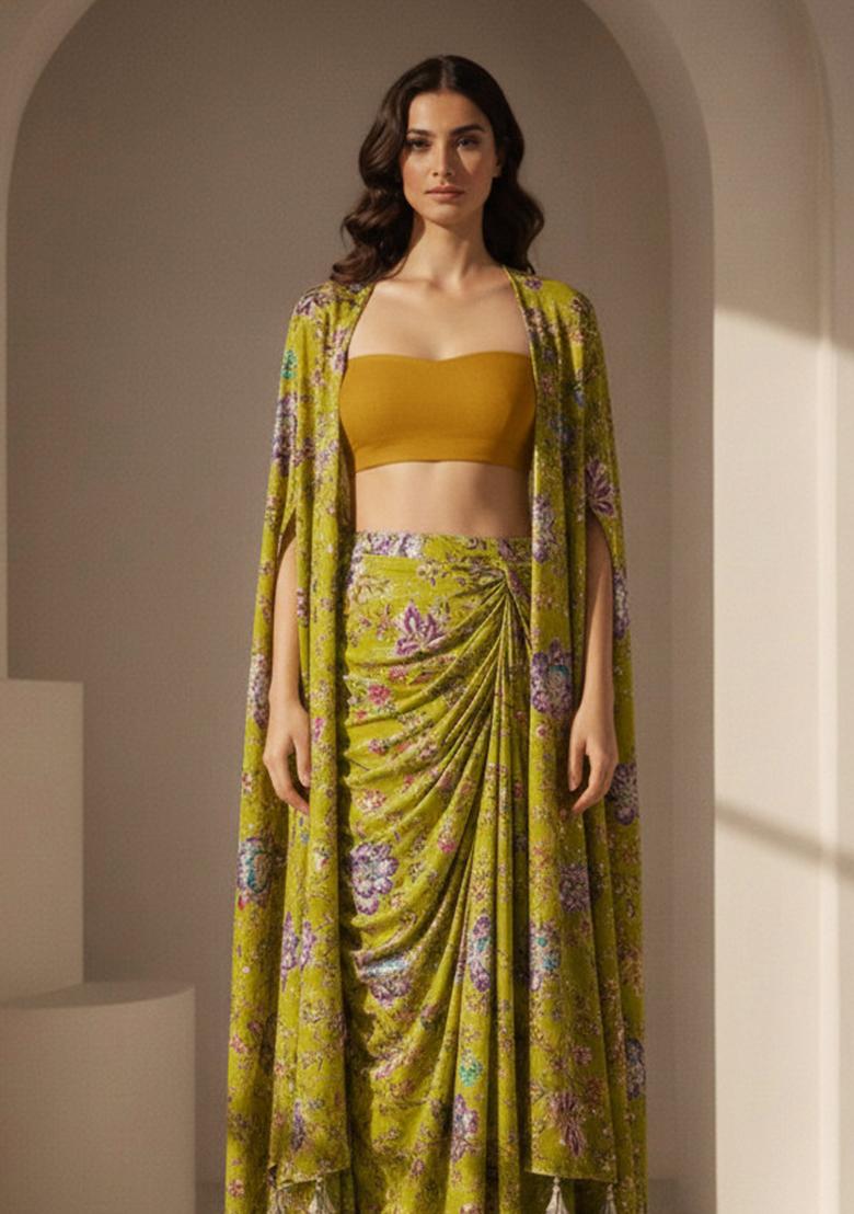Lime Green Floral Print Crepe Fusion Set - Indya