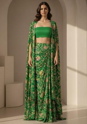 Emerald Green Floral Print Crepe Fusion Set